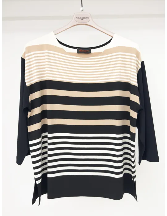 Black white and beige striped t-shirt three quarter sleeves
