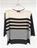 Black white and beige striped t-shirt three quarter sleeves
