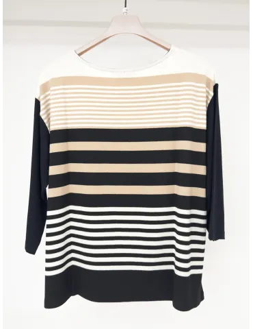 Black white and beige striped t-shirt three quarter sleeves 2
