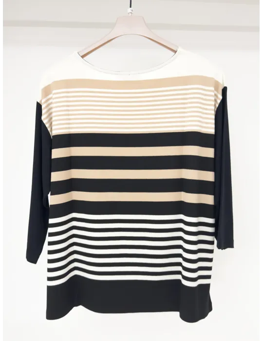 Maglia t-shirt a righe bianco nero e beige Rubamori dalla 44 alla 52
