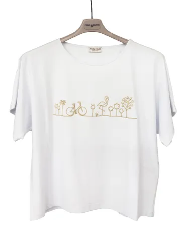 Maglia t-shirt bianca a kimono con ricamo in filo beige | Frida Madè