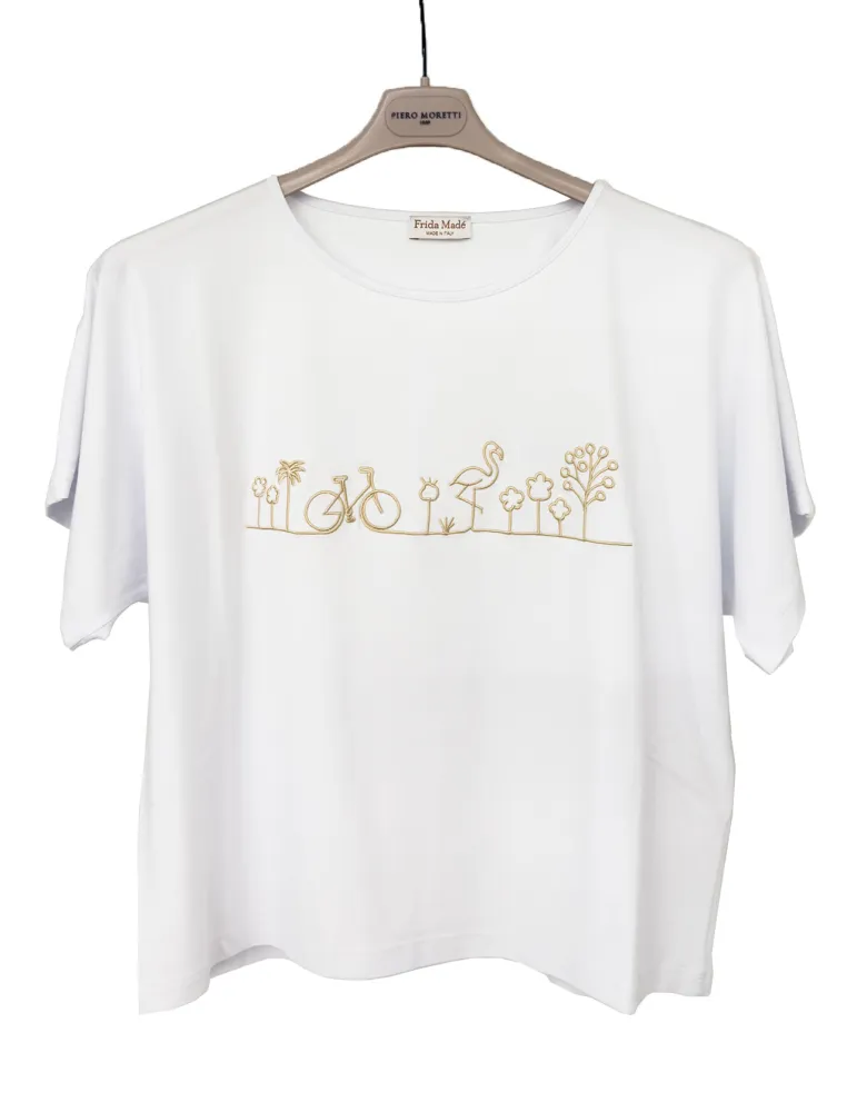 Maglia t-shirt bianca a kimono con ricamo in filo beige | Frida Madè
