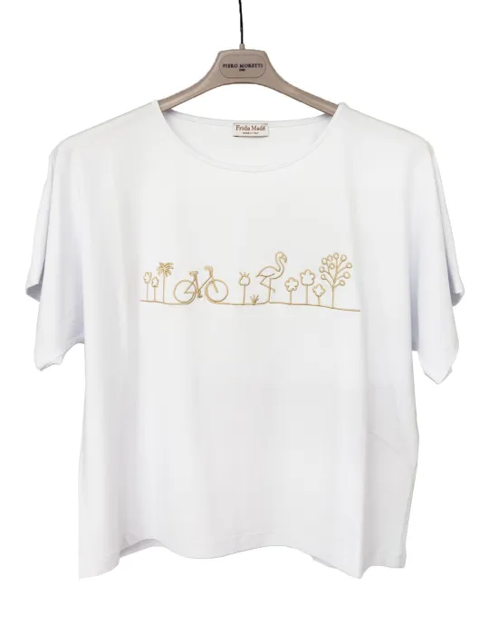 White kimono t-shirt with beige thread front embroidery