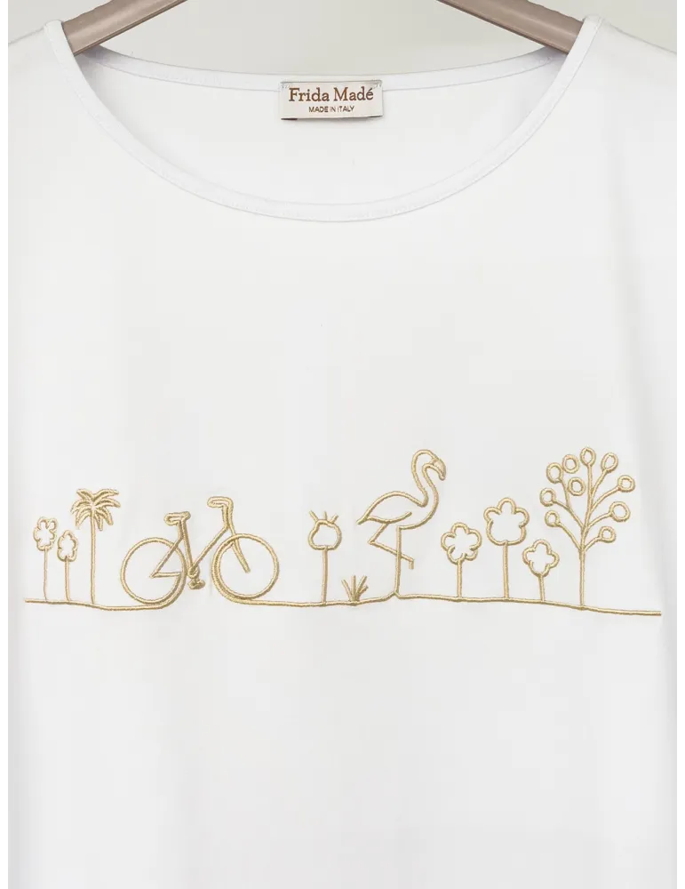 Maglia t-shirt bianca a kimono con ricamo in filo beige | Frida Madè