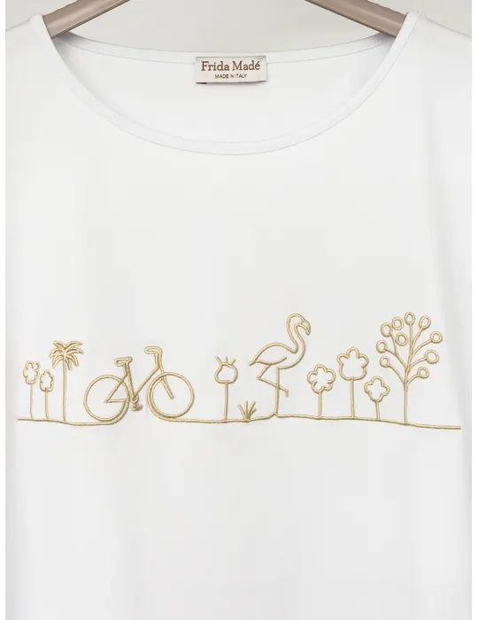 White kimono t-shirt with beige thread front embroidery