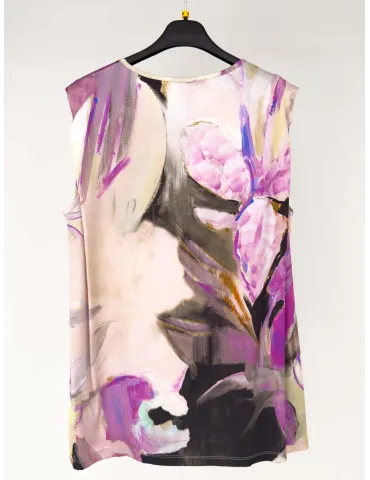 Sleeveless blouse in viscose satin with fuchsia floral print 2