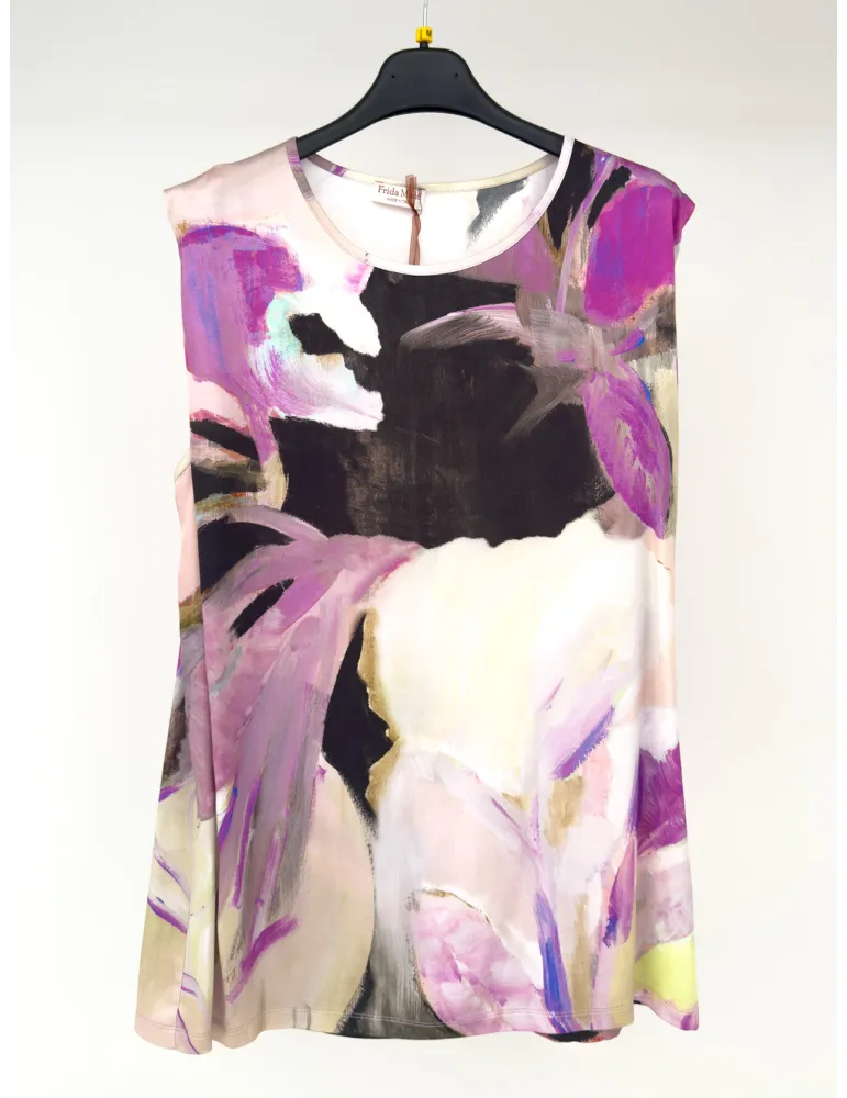 Sleeveless blouse in viscose satin with fuchsia floral print