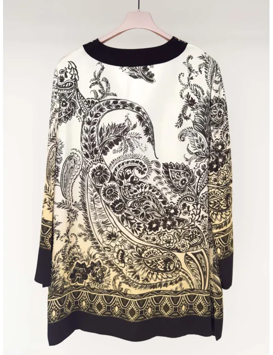 Paisley-pattern caftan-style tunic with embroidery