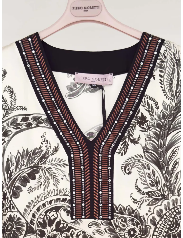Paisley-pattern caftan-style tunic with embroidery