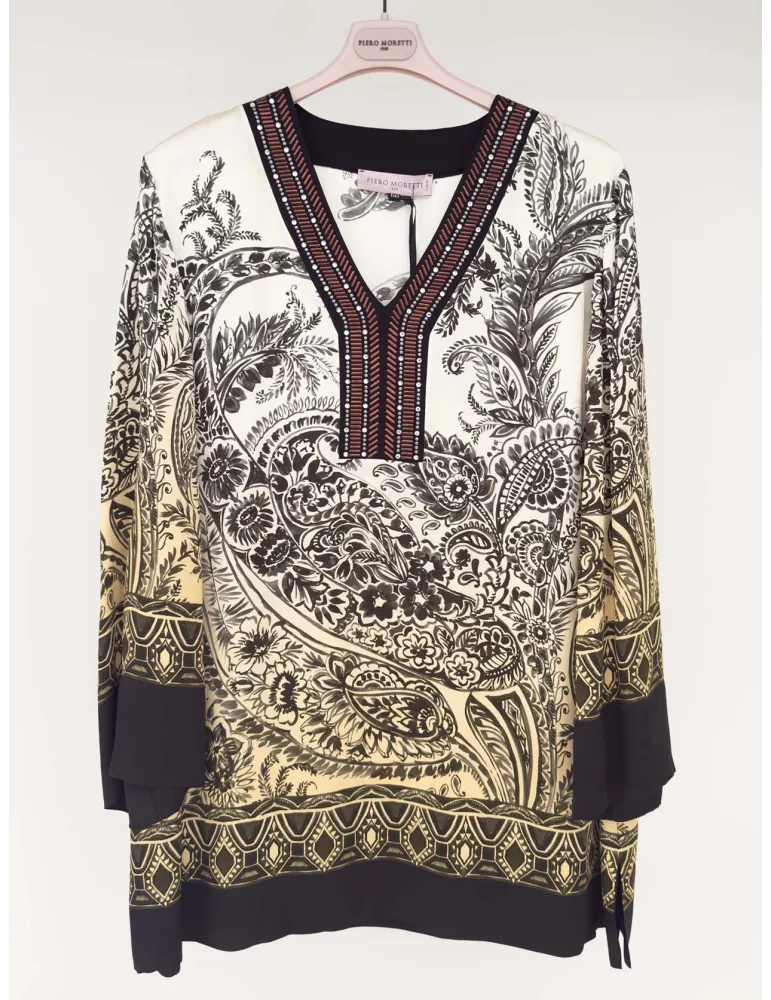 Paisley-pattern caftan-style tunic with embroidery