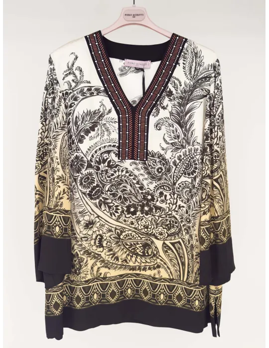 Paisley-pattern caftan-style tunic with embroidery