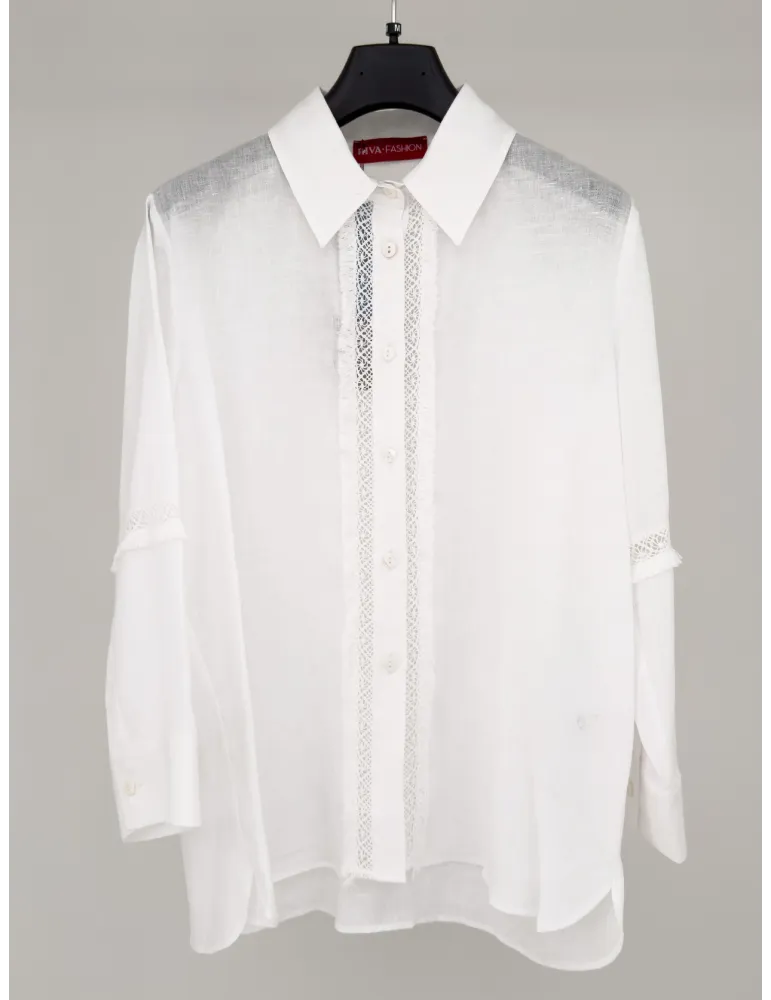 Camicia bianca in puro lino con pizzo e frange fino tg 54 | Riva Tricot