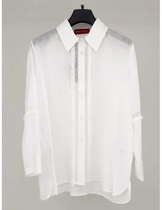 Camicia bianca in puro lino con pizzo e frange fino tg 54 | Riva Tricot