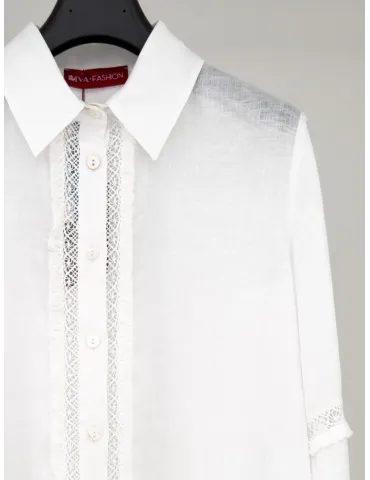 White pure linen shirt with lace and fringe inserts 2