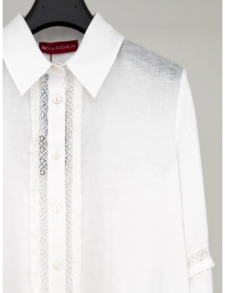 White pure linen shirt with lace and fringe inserts