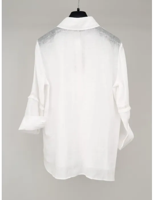 Camicia bianca in puro lino con pizzo e frange fino tg 54 | Riva Tricot