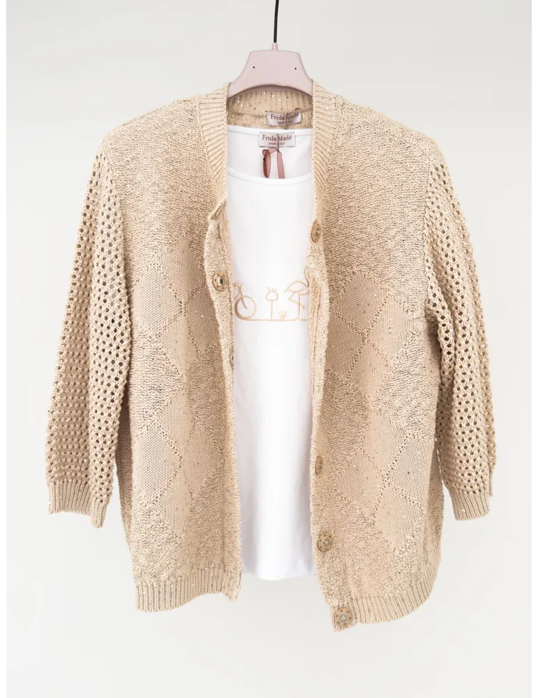 Maglia t-shirt bianca a kimono con ricamo in filo beige | Frida Madè