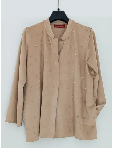Beige faux suede Korean-style jacket with pearls embroidery