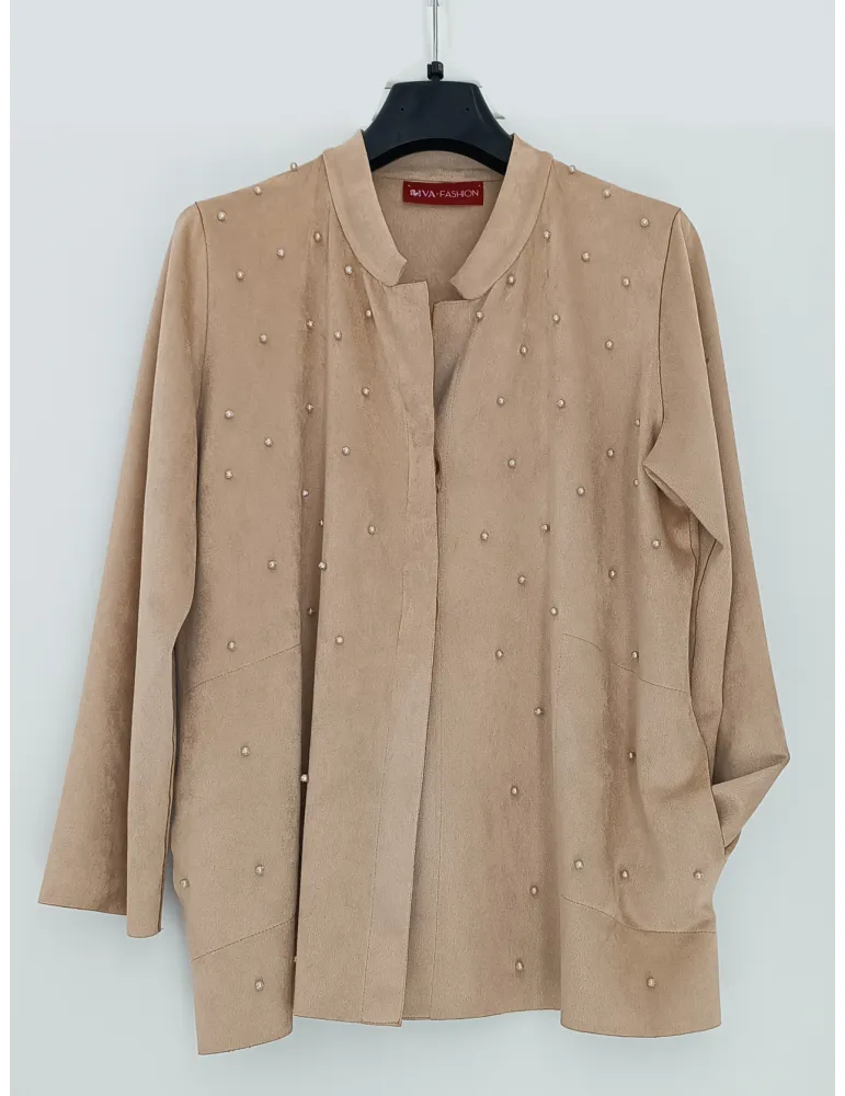 Beige faux suede Korean-style jacket with pearls embroidery plus size