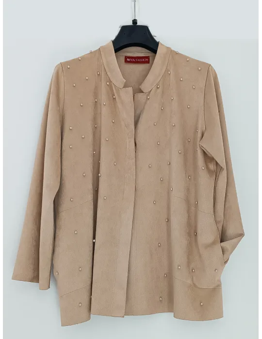 Beige faux suede Korean-style jacket with pearls embroidery