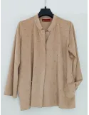 Beige faux suede Korean-style jacket with pearls embroidery