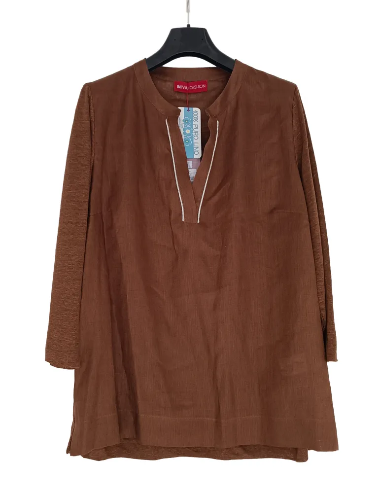 Blusa camicia coreana in puro lino marrone tabacco con strass Riva T.