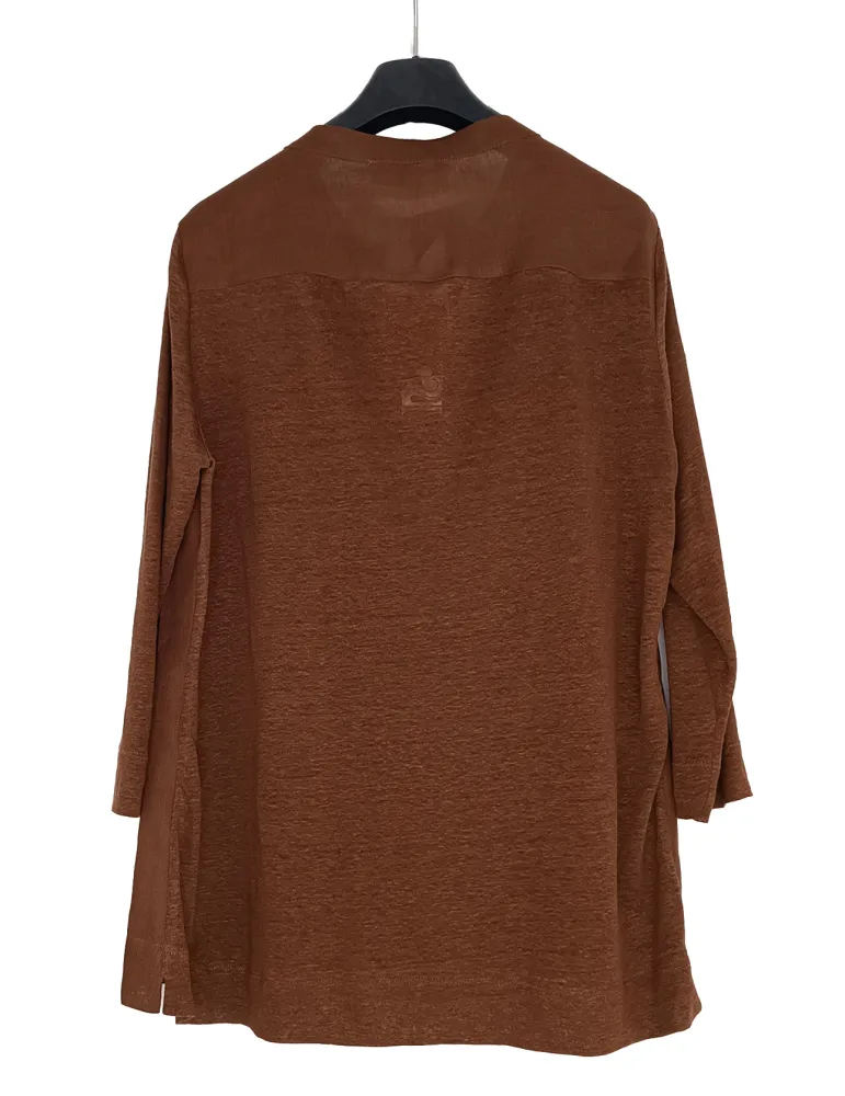 Tobacco brown Korean-style pure linen blouse shirt | Plus size