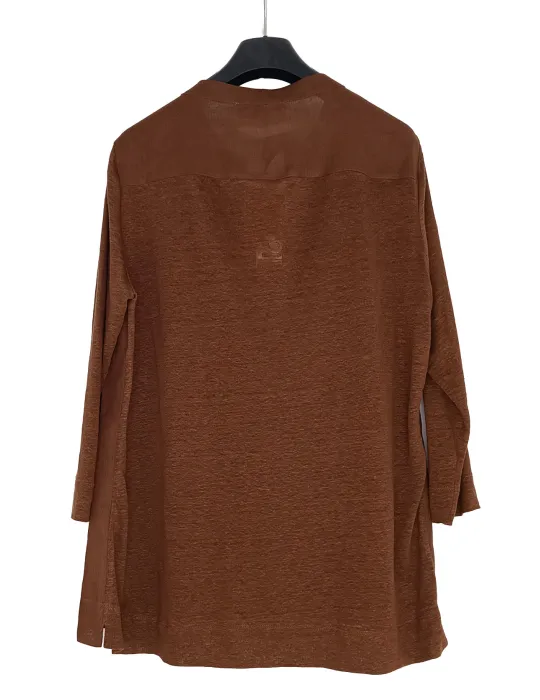 Blusa camicia coreana in puro lino marrone tabacco con strass Riva T.