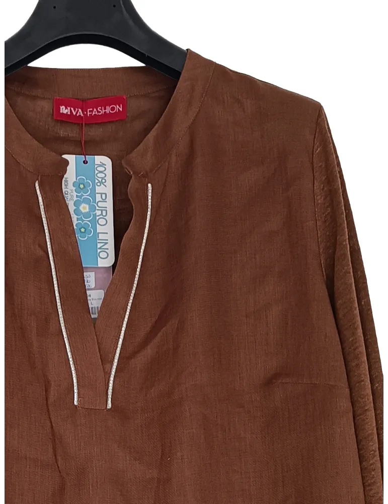 Tobacco brown Korean-style pure linen blouse shirt