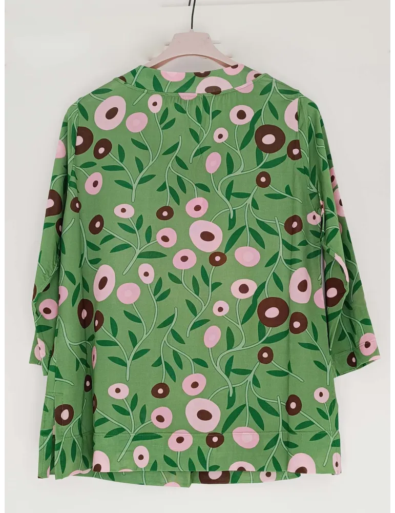Green floral jersey top shirt with central pleat