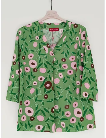 Green floral jersey top shirt with central pleat