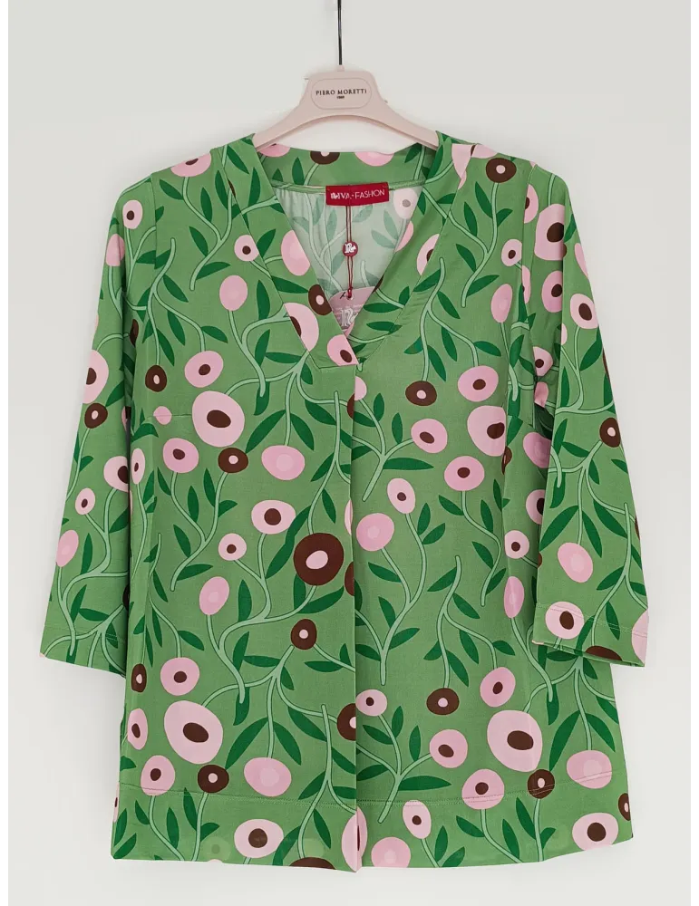 Green floral jersey top shirt with central pleat