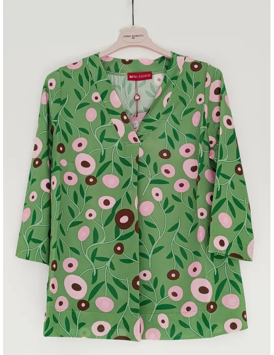 Green floral jersey top shirt with central pleat