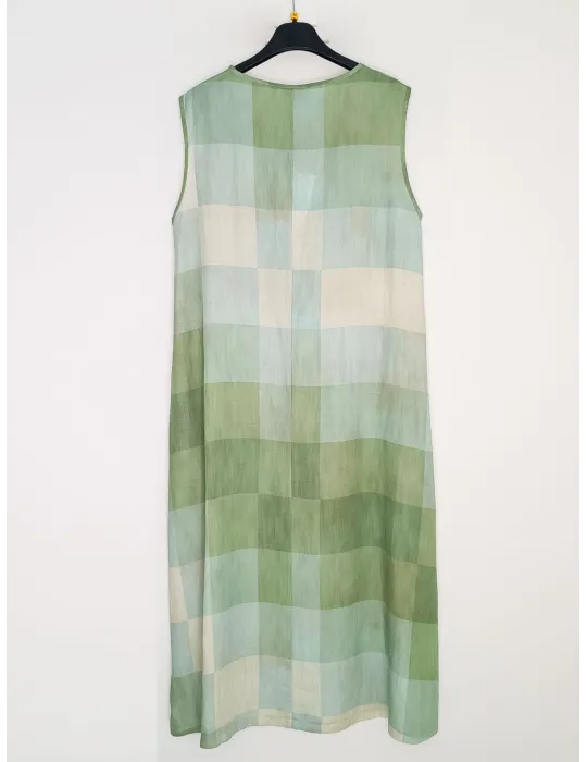 Green and light blue checked linen-blend midi sundress