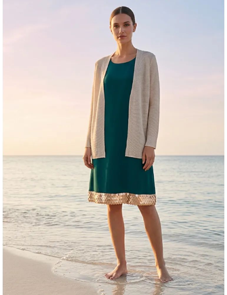 Beige viscose knit jacket with golden lurex and micro sequins