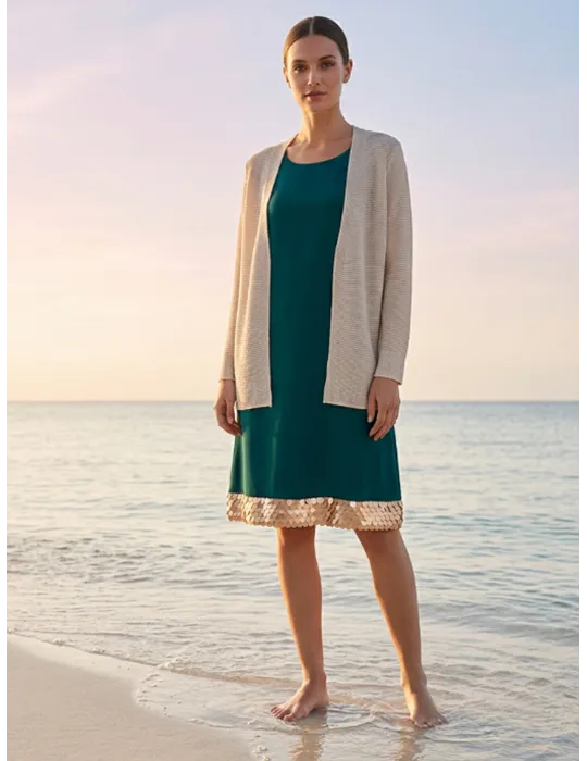 Beige viscose knit jacket with golden lurex and micro sequins