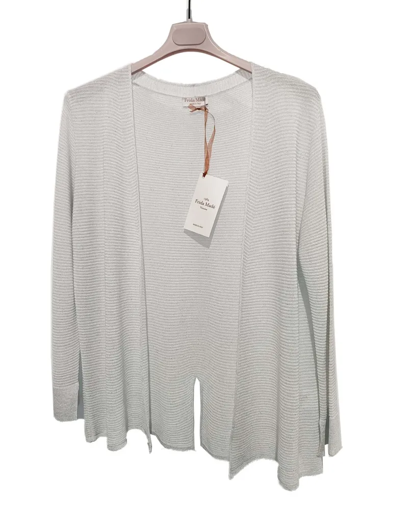 White viscose knit jacket with silver lurex and micro sequins