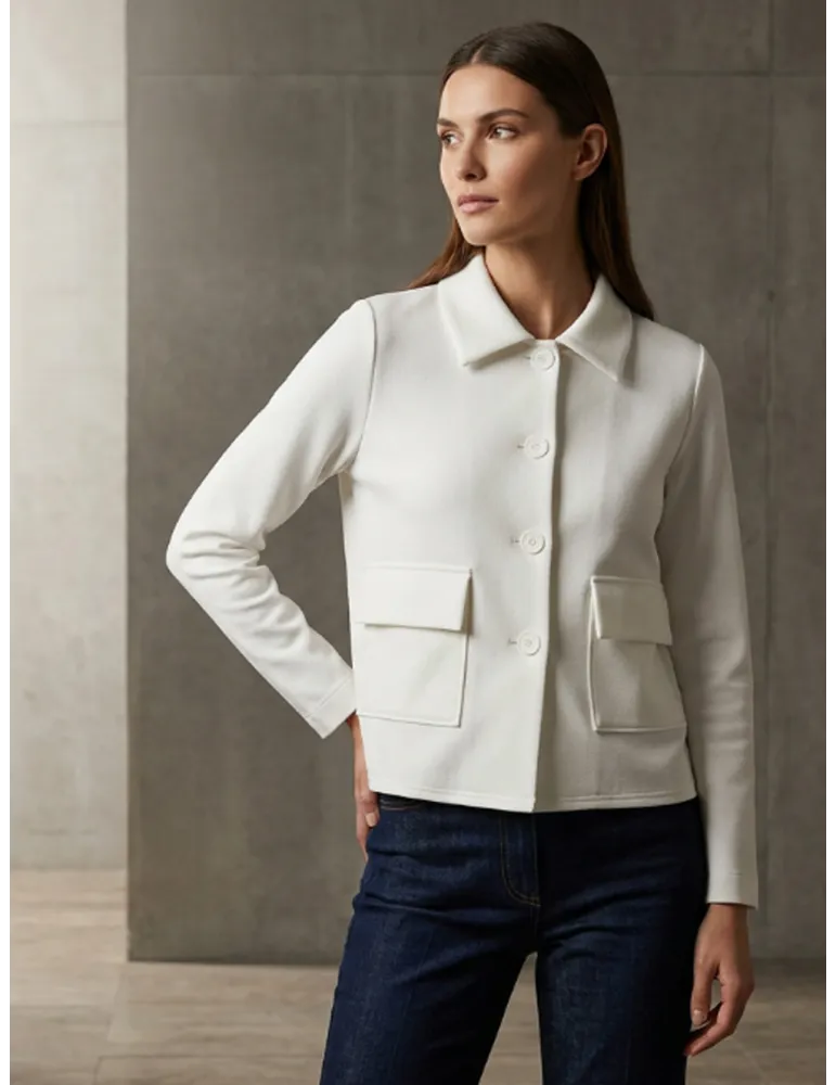 White neoprene-effect sweatshirt jacket with patch pockets