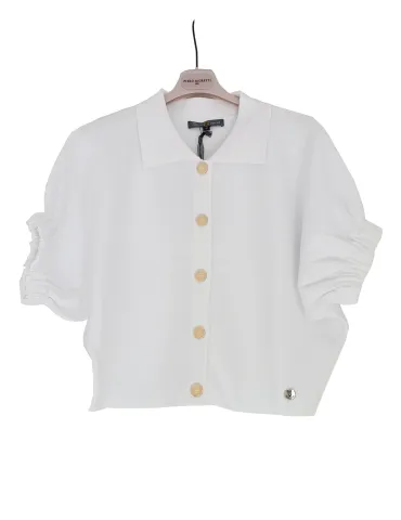 Short white kimono-style jacket with gathered sleeves