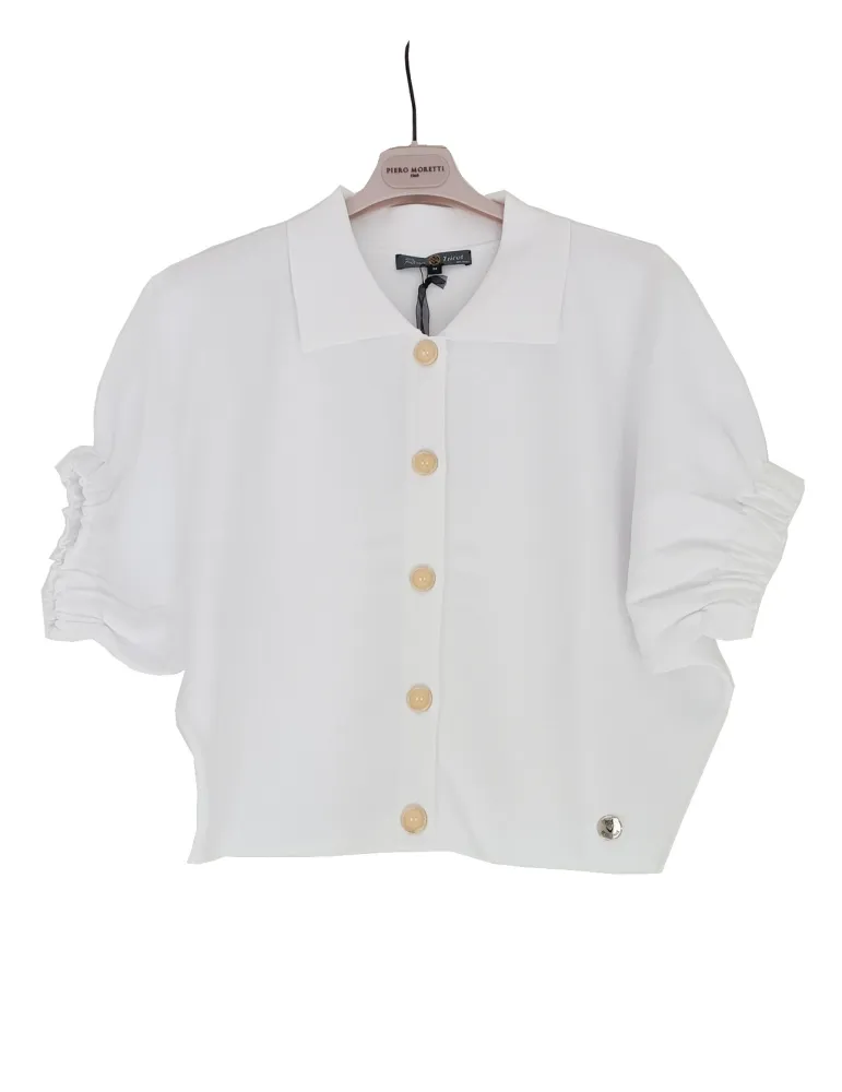 Short white kimono-style jacket with gathered sleeves