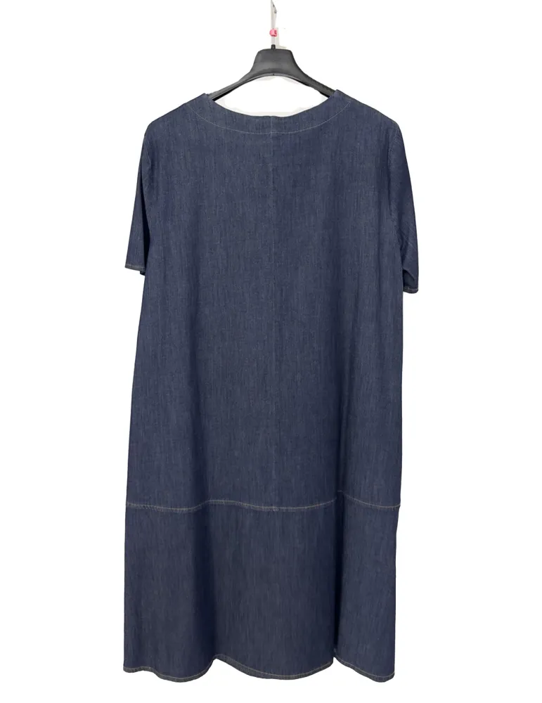 Blue denim A-line dress with brown stitching | Plus size summer dress