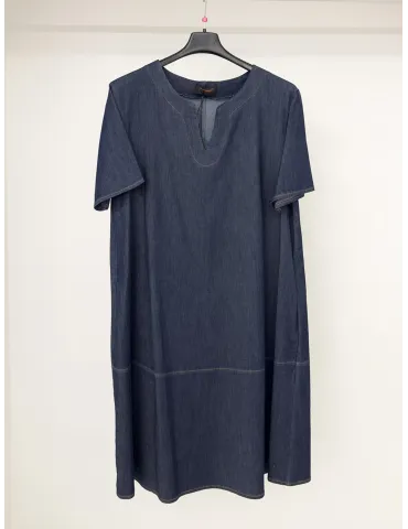 Blue denim A-line dress with contrasting tan stitching