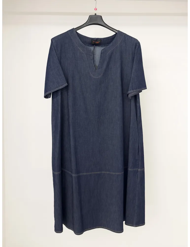 Blue denim A-line dress with contrasting tan stitching