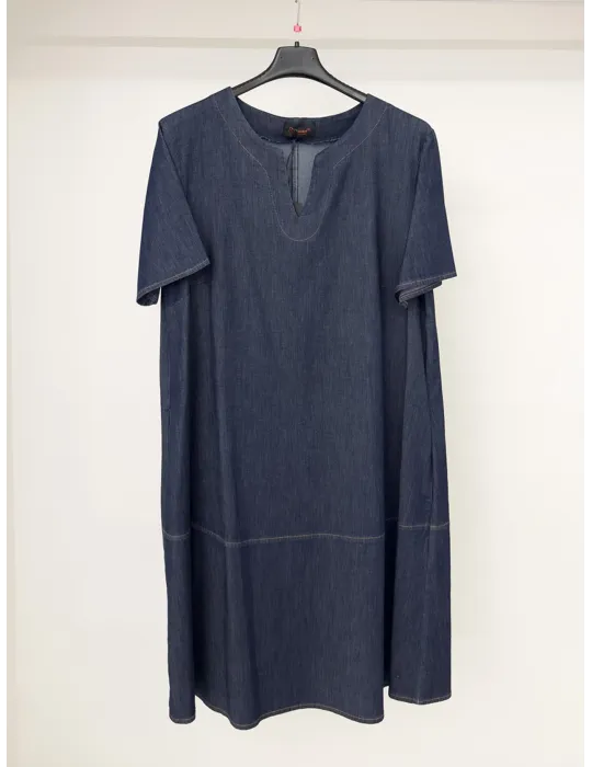 Blue denim A-line dress with contrasting tan stitching