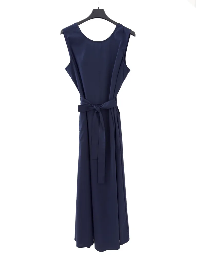 Long blue wrap cotton dress with full skirt and belt