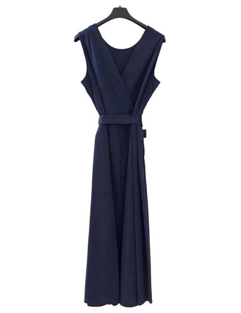 Long blue wrap cotton dress with full skirt and belt