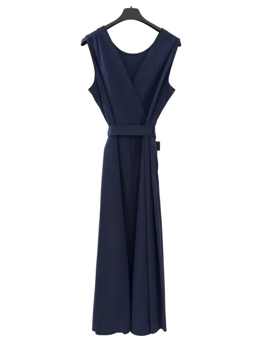 Long blue wrap cotton dress with full skirt and belt