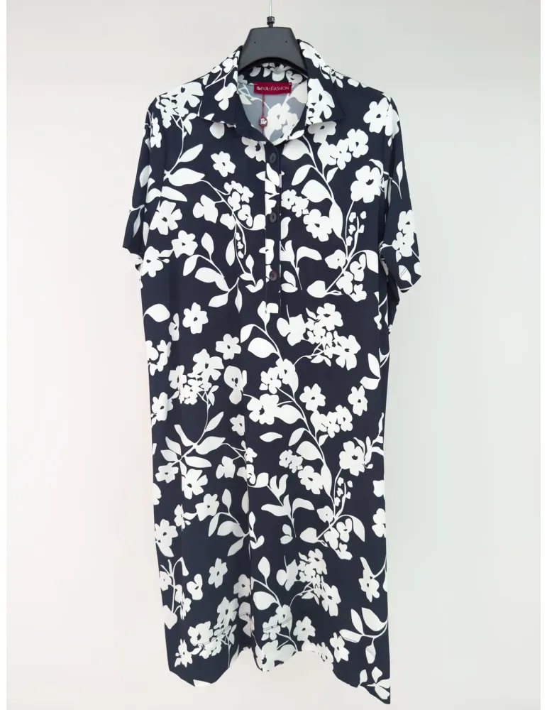 White and blue viscose polo neck dress with short sleeves