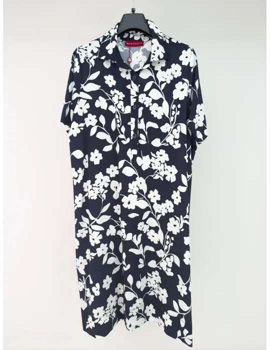 White and blue viscose polo neck dress with short sleeves