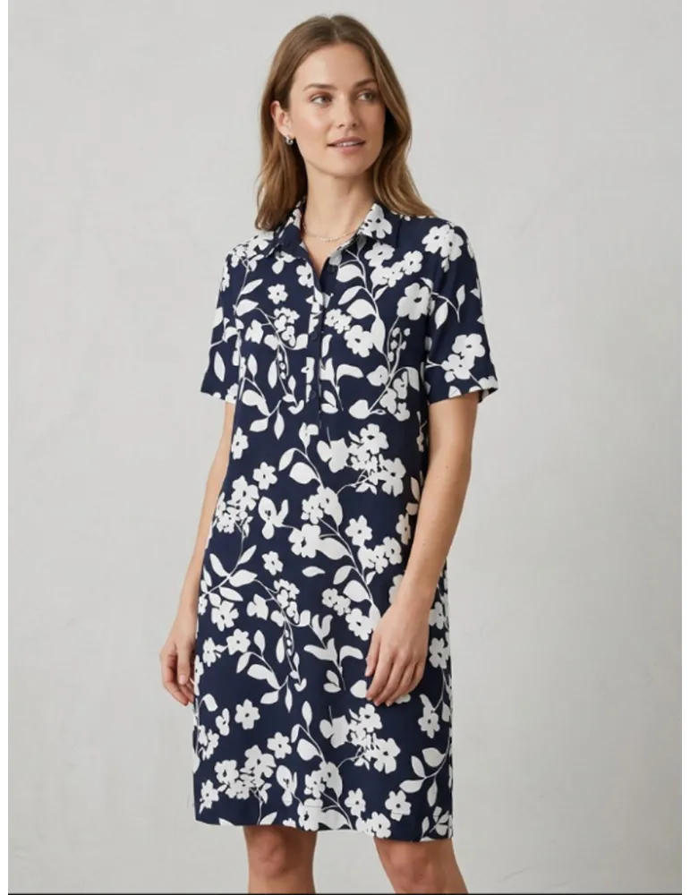 White and blue viscose polo neck dress with short sleeves